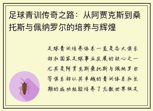 足球青训传奇之路:从阿贾克斯到桑托斯与佩纳罗尔的培养与辉煌 足球青训传奇之路:从阿贾克斯到桑托斯与佩纳罗尔的培养与辉煌